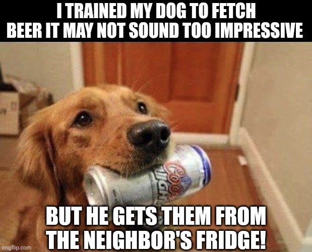 I Trained My Dog To Fetch Beer | I trained my dog to fetch beer it may not sound too impressive; But he gets them from the Neighbor's Fridge! | made w/ Imgflip meme maker