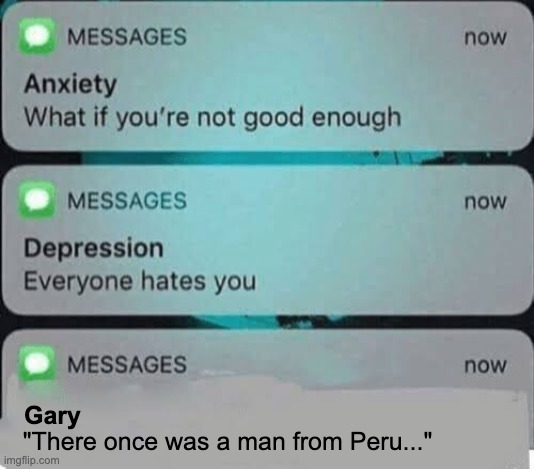I wanna see who here would actually get this one. | Gary; "There once was a man from Peru..." | image tagged in anxiety/depression texts | made w/ Imgflip meme maker