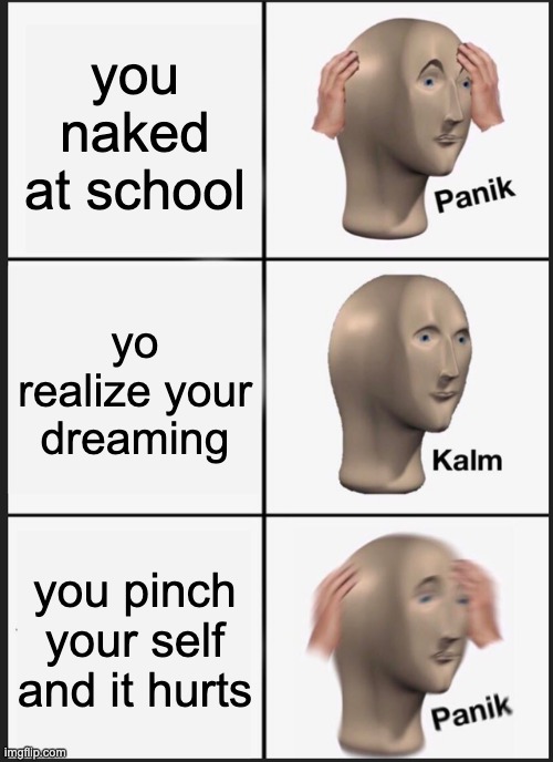 this gatta be the worst experience | you naked at school; yo realize your dreaming; you pinch your self and it hurts | image tagged in memes,panik kalm panik,dream,naked | made w/ Imgflip meme maker