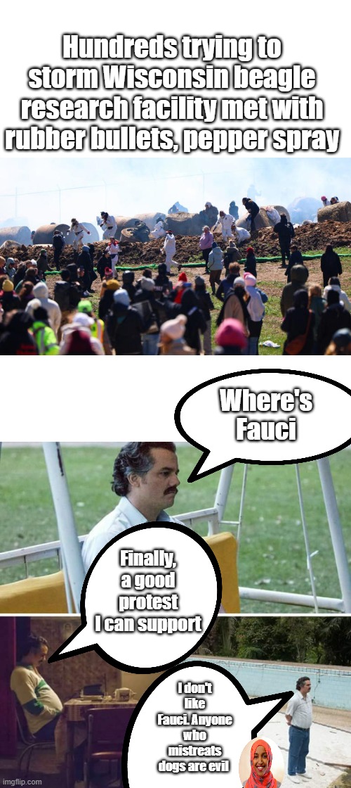 Muslim hate dogs & Chinese eat them. Theres the proof. | Hundreds trying to storm Wisconsin beagle research facility met with rubber bullets, pepper spray; Where's Fauci; Finally, a good protest I can support; I don't like Fauci. Anyone who mistreats dogs are evil | image tagged in memes,sad pablo escobar | made w/ Imgflip meme maker