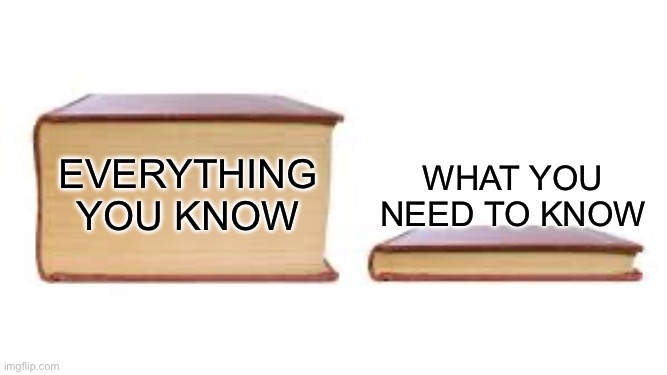 Big book small book | What you need to know; Everything you know | image tagged in big book small book | made w/ Imgflip meme maker