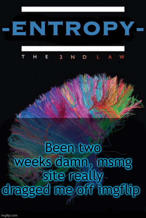 Entropy announcement temp | Been two weeks damn, msmg site really dragged me off imgflip | image tagged in entropy announcement temp | made w/ Imgflip meme maker