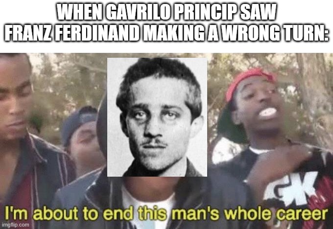 Are you trying to shoot Franz Ferdinand? | When Gavrilo Princip saw Franz Ferdinand making a wrong turn: | image tagged in i m about to end this man s whole career,memes,funny | made w/ Imgflip meme maker