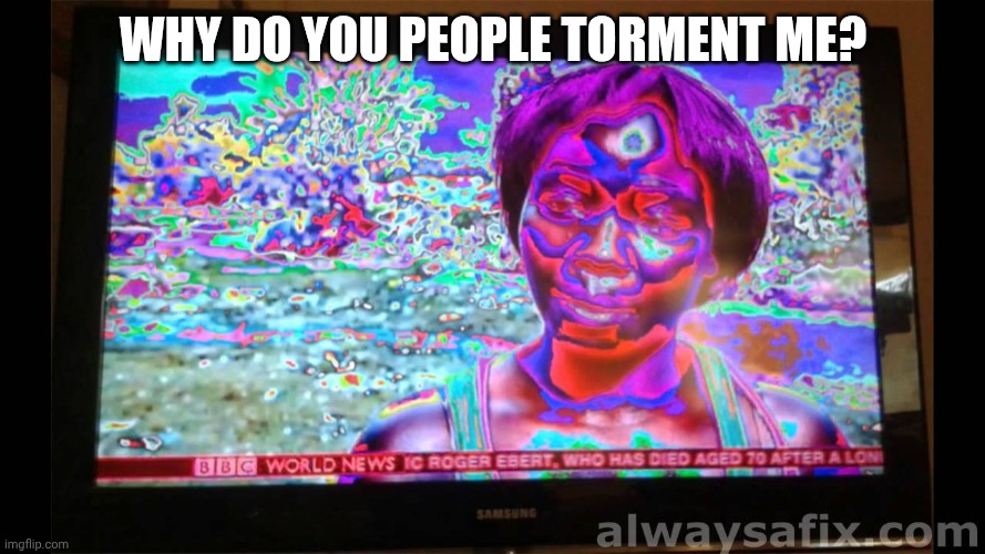 Bro! Stop! | Why do you People Torment Me? | image tagged in glitchy tv signal,tadc,episode 8,funny,memes | made w/ Imgflip meme maker