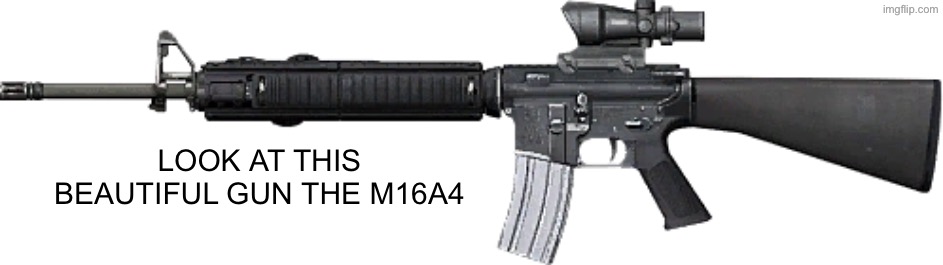Armed-Assault: Colt M16A4(w/Acog-Scope) | look at this beautiful gun the m16a4 | image tagged in armed-assault colt m16a4 w/acog-scope | made w/ Imgflip meme maker