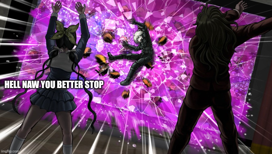 Gonta and Tenko throw K1-bo at glass | Hell naw you better stop | image tagged in gonta and tenko throw k1-bo at glass | made w/ Imgflip meme maker
