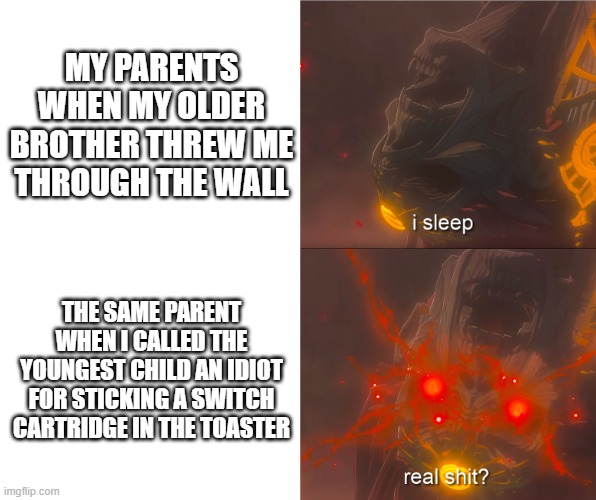 sleeping ganon | My parents when my older brother threw me through the wall; The same parent when I called the youngest child an idiot for sticking a switch cartridge in the toaster | image tagged in sleeping ganon | made w/ Imgflip meme maker