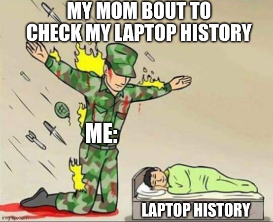 Saving my Laptop History | My mom Bout to check my Laptop history; Me:; Laptop History | image tagged in soldier protecting sleeping child | made w/ Imgflip meme maker