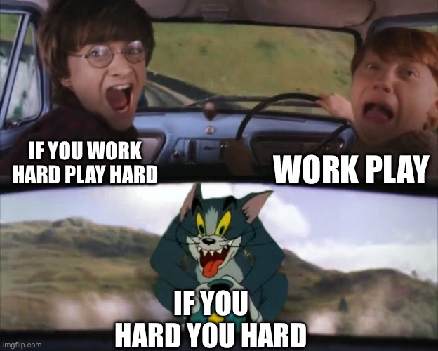Work Harder | Work play; If you work hard play hard; If you hard you hard | image tagged in tom chasing harry and ron weasly,hard,hard work | made w/ Imgflip meme maker