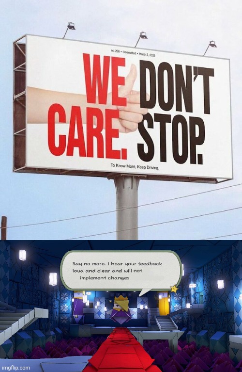 image tagged in i hear you feedback and will not implement changes | made w/ Imgflip meme maker