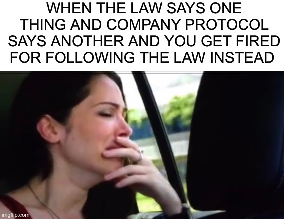 That’s the life of a mandated reporter for ya! | When the law says one thing and company protocol says another and you get fired for following the law instead | image tagged in blank white template,crying catherine | made w/ Imgflip meme maker