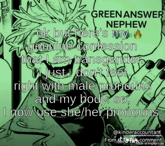 green answer nephew | ok but here's my genuine confession that I am transgender. I just.. don't feel right with male pronouns and my body. so, I now use she/her pronouns. | image tagged in green answer nephew | made w/ Imgflip meme maker