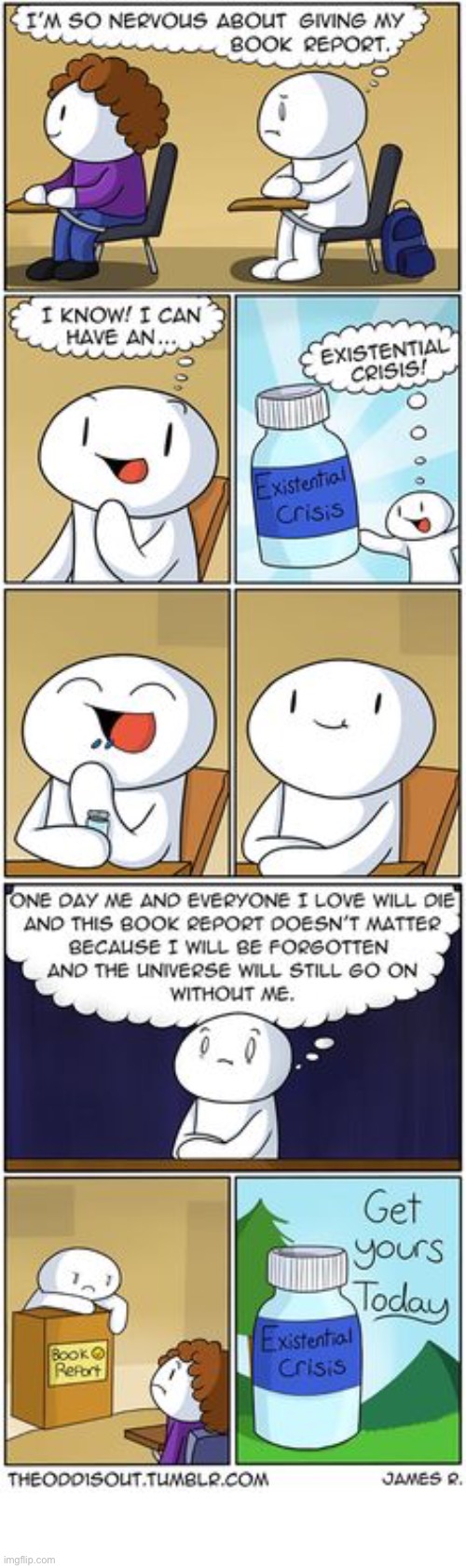 The Odd 1s Out | image tagged in comics,the odd 1s out,classroom,book report,nervous,existential crisis | made w/ Imgflip meme maker