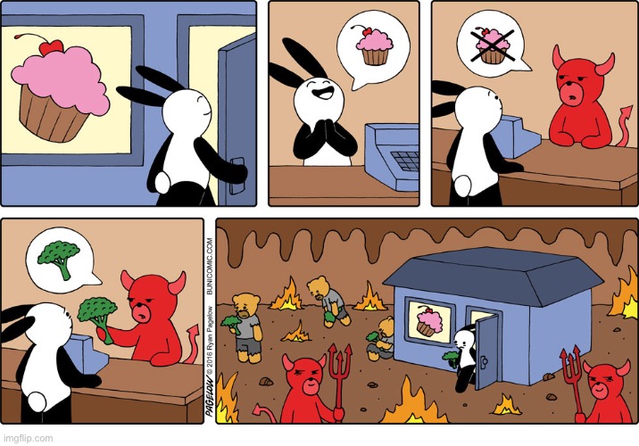 Buni Comics | image tagged in comics,buni comics,bakery,devil bear,hell,broccoli | made w/ Imgflip meme maker