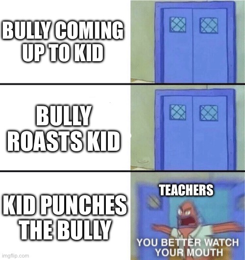 You better watch your mouth | Bully coming up to kid; Bully roasts kid; Teachers; Kid punches the bully | image tagged in you better watch your mouth | made w/ Imgflip meme maker