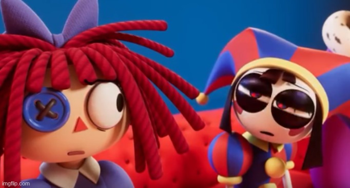 image tagged in pomni squint at raggatha | made w/ Imgflip meme maker