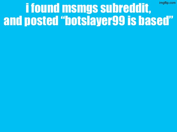 i found msmgs subreddit, and posted “botslayer99 is based” | made w/ Imgflip meme maker