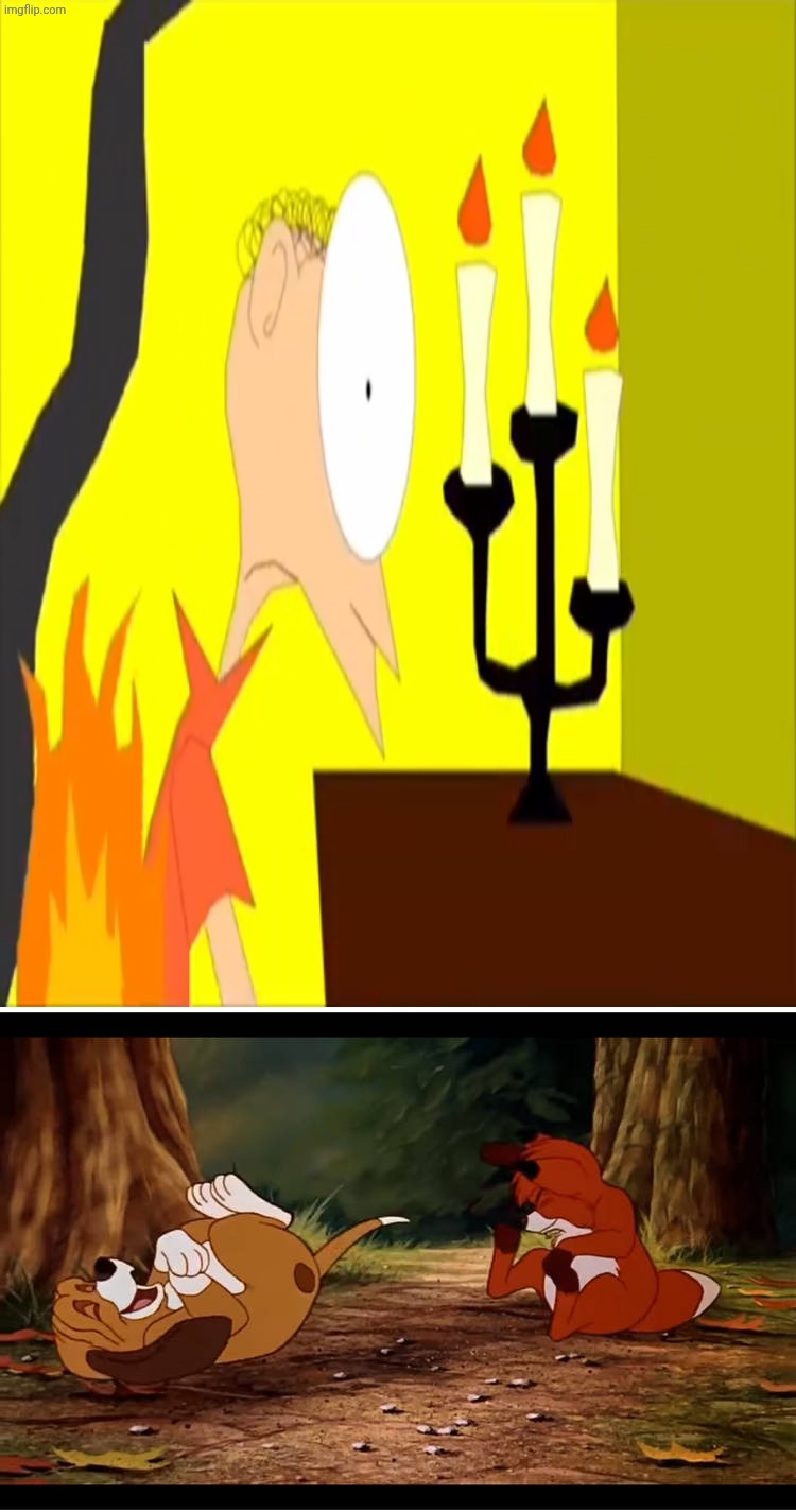 Tod and Copper laughs at Matthew's clothes on fire | image tagged in tod and copper laughs at what,cartoonmania,disney,deviantart,deviantart week | made w/ Imgflip meme maker