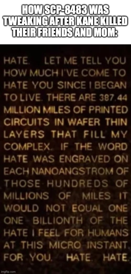 Like, he seriously would have crashed out if he could. | How SCP-8483 was tweaking after Kane killed their friends and mom: | image tagged in blank white template,am hate speech,scp,i have no mouth,literature,artificial intelligence | made w/ Imgflip meme maker