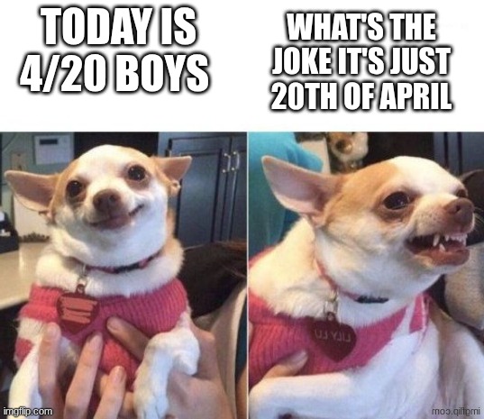 if you know you know | today is 4/20 boys; what's the joke it's just 20th of April | image tagged in happy dog then angry dog | made w/ Imgflip meme maker