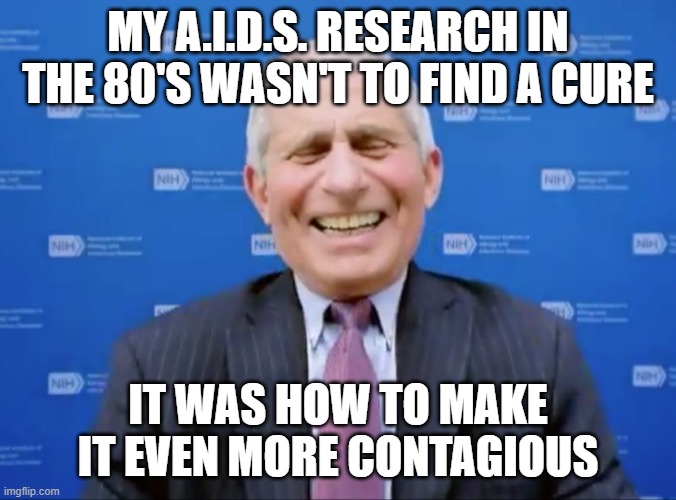 Fauci laughs at the suckers | my A.I.D.S. research in the 80's wasn't to find a cure it was how to make it even more contagious | image tagged in fauci laughs at the suckers | made w/ Imgflip meme maker