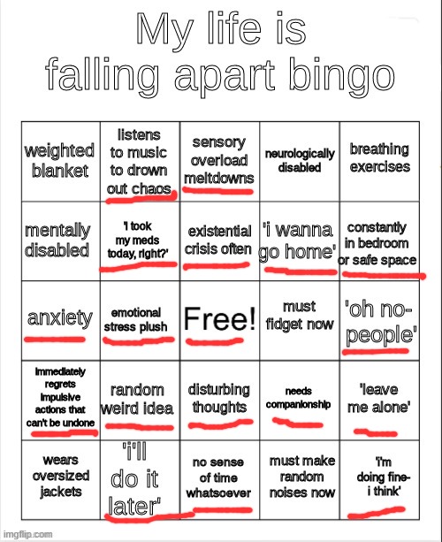 cryyyyyyyy | image tagged in my life is falling apart bingo | made w/ Imgflip meme maker