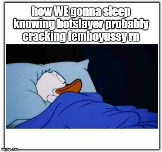 yes i said "we" | how WE gonna sleep knowing botslayer probably cracking femboyussy rn | image tagged in how i sleep,memes,funny,botslayer,botslayer99,msmg | made w/ Imgflip meme maker