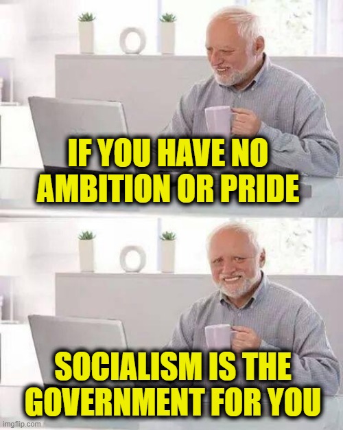 More Leftist Logic | If you have no
ambition or pride; socialism is the
government for you | image tagged in memes,hide the pain harold | made w/ Imgflip meme maker