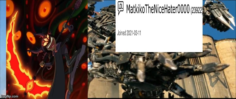 I (Darcy is representing me) defeat MatkikoTheNiceHater0000 (payback to all of his attacks on me) | image tagged in optimus prime kills lockdown,fill-in memes,payback,darcy,amphibia,transformers | made w/ Imgflip meme maker