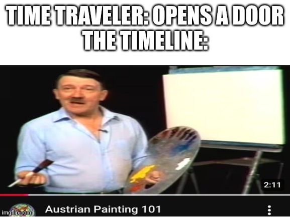 Blank White Template | Time traveler: opens a door
The timeline: | image tagged in blank white template,austria,paint | made w/ Imgflip meme maker