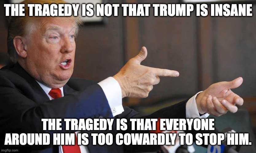 Time to put grandpa to bed (and/or prison) | the tragedy is not that trump is insane; the tragedy is that everyone around him is too cowardly to stop him. | image tagged in trump shooting people on 5th avenue,trump unfit unqualified dangerous,impeach trump,donald trump,insane | made w/ Imgflip meme maker