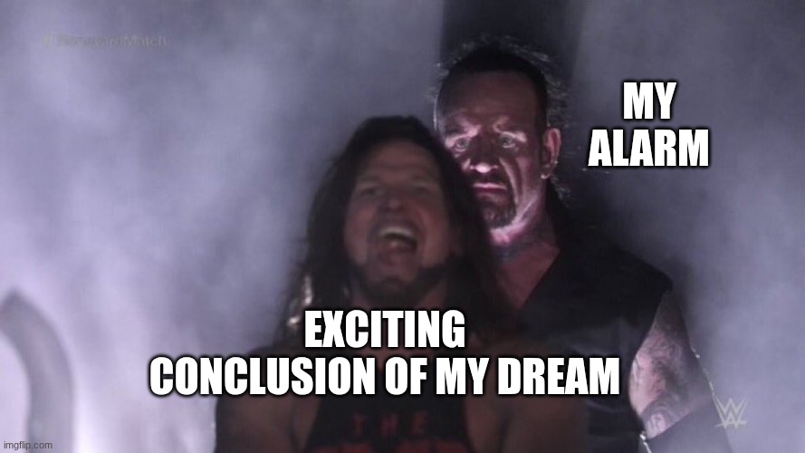 POV for everyone, I SWEAR | my alarm; exciting conclusion of my dream | image tagged in aj styles undertaker | made w/ Imgflip meme maker