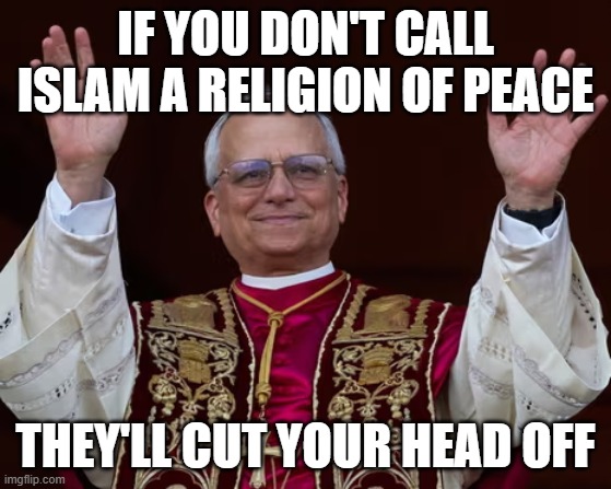 Pope Leo XIV | if you don't call Islam a religion of peace they'll cut your head off | image tagged in pope leo xiv | made w/ Imgflip meme maker