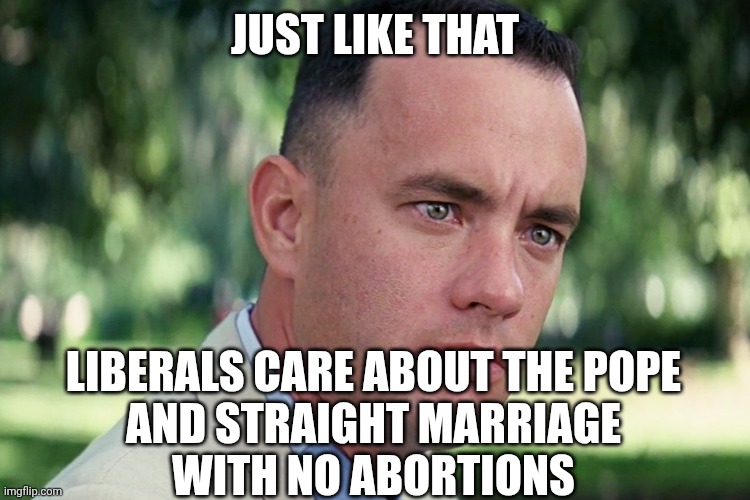 And Just Like That Meme | Just like that Liberals care about the Pope
And straight marriage
With no abortions | image tagged in memes,and just like that | made w/ Imgflip meme maker