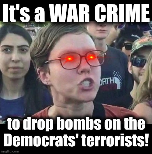 It's illegal to arrest their criminals too! | It's a WAR CRIME; to drop bombs on the
Democrats' terrorists! | image tagged in triggered liberal,iran,democrats,terrorists,war crime,memes | made w/ Imgflip meme maker
