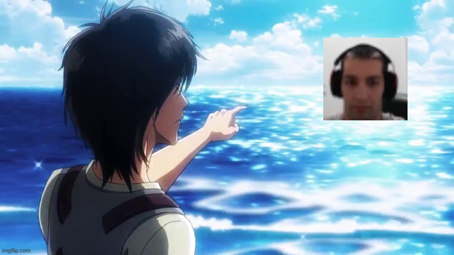 eren pointe le golem | image tagged in eren point at sea | made w/ Imgflip meme maker