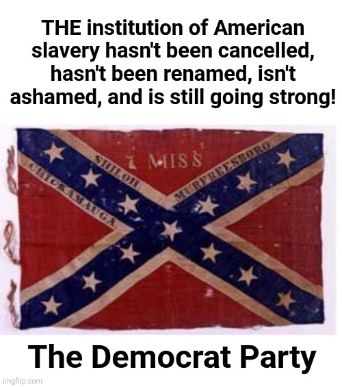 And they hate Republicans as much as ever! | THE institution of American
slavery hasn't been cancelled,
hasn't been renamed, isn't
ashamed, and is still going strong! The Democrat Party | image tagged in confederate flag,memes,democrats,slavery,not cancelled | made w/ Imgflip meme maker