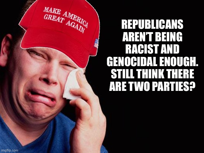 MAGA Crying | Republicans aren’t being racist and genocidal enough. Still think there are two parties? | image tagged in maga crying | made w/ Imgflip meme maker