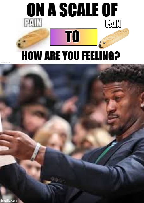 whut in the cursed doctors office? | on a scale of; to; how are you feeling? | image tagged in rate it on a scale,jimmy butler looking at paper meme | made w/ Imgflip meme maker
