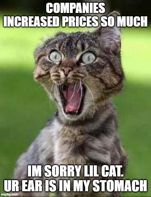 economics memes 17 | companies increased prices so much; im sorry lil cat. ur ear is in my stomach | image tagged in laugh my fahkin ear off,economics,economy | made w/ Imgflip meme maker