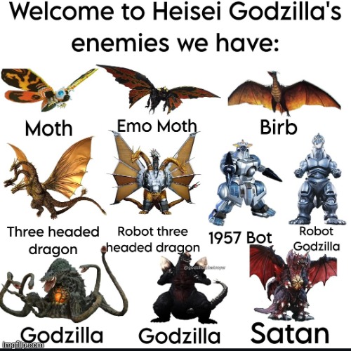 Godzilla Heisei enemies: | image tagged in funny,godzilla | made w/ Imgflip meme maker