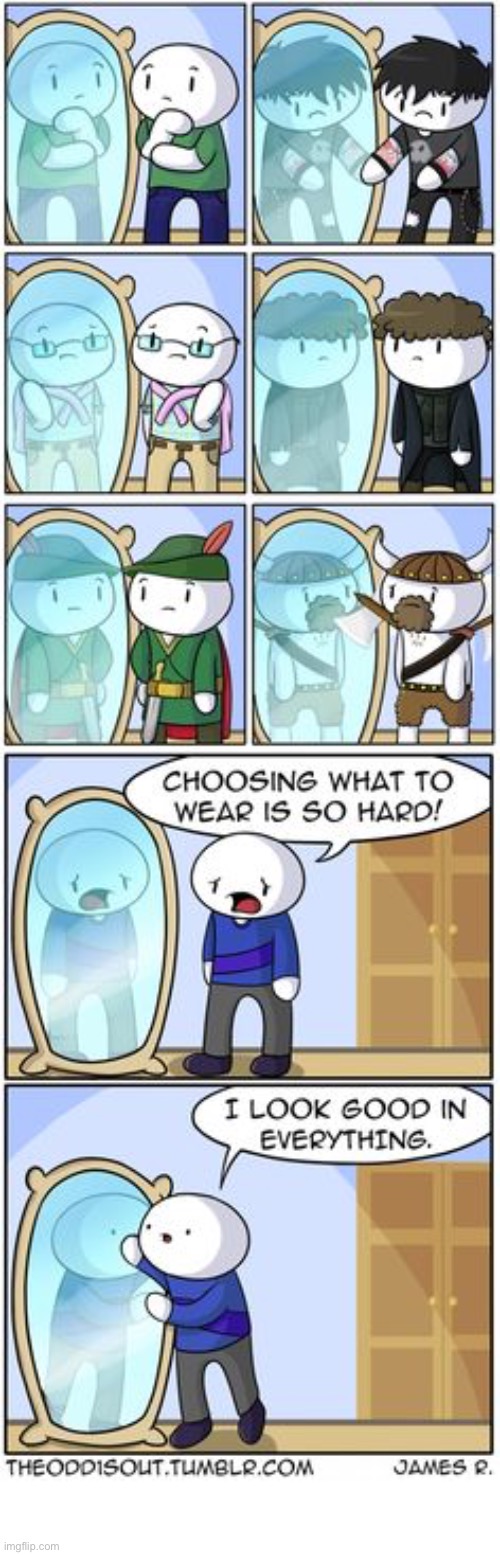 The Odd 1s Out | image tagged in comics,the odd 1s out,mirror,outfits,indecision,vanity | made w/ Imgflip meme maker