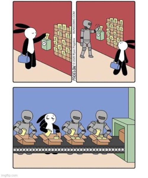 Buni Comics | image tagged in comics,buni comics,factory,punching in,robots,assembly line | made w/ Imgflip meme maker