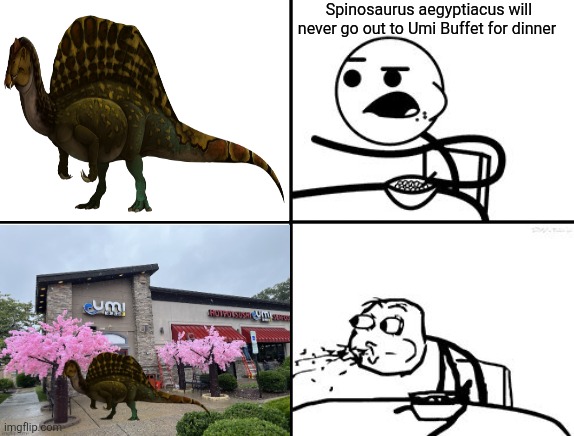 To be fair though, Umi is definitely a lot cheaper before 3 | Spinosaurus aegyptiacus will never go out to Umi Buffet for dinner | image tagged in he will never,memes,dinosaurs,relatable memes,food memes,humor | made w/ Imgflip meme maker