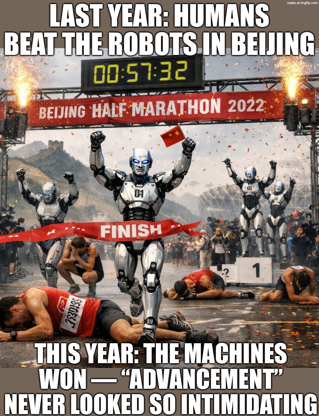 LAST YEAR: ROBOTS GET SMOKED BY HUMANS IN BEIJING; THIS YEAR: AI TAKES THE WIN — "HUMILIATION" PATCHED IN THE UPDATE | LAST YEAR: HUMANS BEAT THE ROBOTS IN BEIJING; THIS YEAR: THE MACHINES WON — “ADVANCEMENT” NEVER LOOKED SO INTIMIDATING | image tagged in robot victory,humiliation,artificial intelligence,futuristic utopia,marathon,sports | made w/ Imgflip meme maker