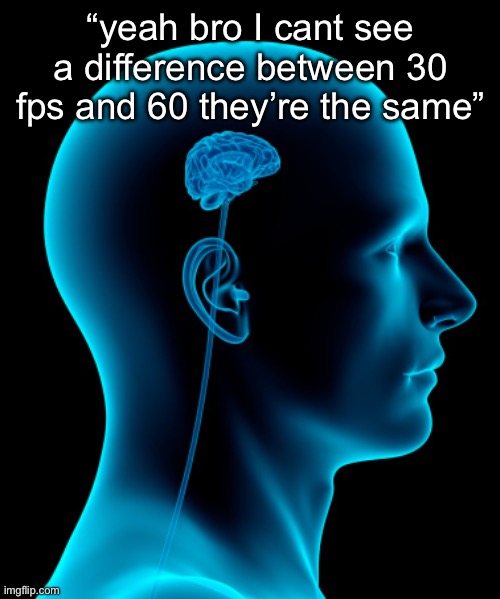 Real | “yeah bro I cant see a difference between 30 fps and 60 they’re the same” | image tagged in small brain | made w/ Imgflip meme maker