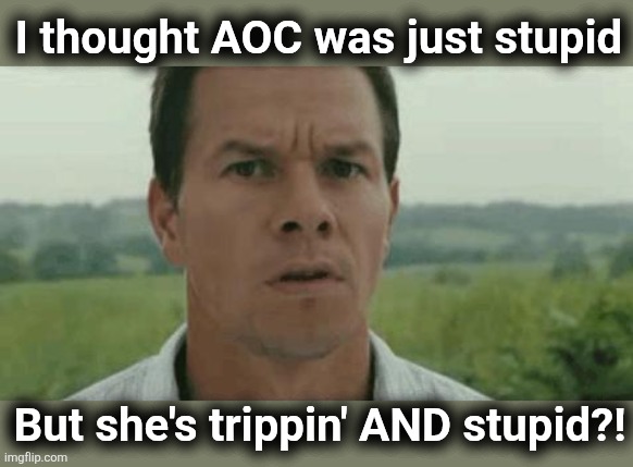 mark wahlberg | I thought AOC was just stupid But she's trippin' AND stupid?! | image tagged in mark wahlberg | made w/ Imgflip meme maker