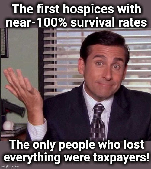 Michael Scott | The first hospices with near-100% survival rates The only people who lost everything were taxpayers! | image tagged in michael scott | made w/ Imgflip meme maker