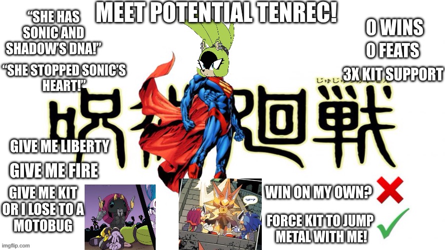 Potential Tenrec | Meet Potential Tenrec! “She has Sonic and Shadow’s DNA!”; 0 Wins; 0 Feats; “She stopped Sonic’s
Heart!”; 3x Kit support; Give me liberty; Give me fire; Win on my own? Give me Kit
Or I lose to a
Motobug; Force Kit to jump 
Metal with me! | image tagged in potential man blank,surge the tenrec,sonic the hedgehog,shadow the hedgehog,idw,potential man | made w/ Imgflip meme maker