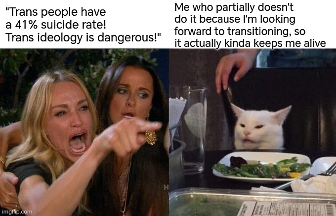 You COULD argue that dysphoria is the problem that has to be dealt with, but euphoria helps with everything else too | Me who partially doesn't do it because I'm looking forward to transitioning, so it actually kinda keeps me alive; "Trans people have a 41% suicide rate! Trans ideology is dangerous!" | image tagged in memes,woman yelling at cat | made w/ Imgflip meme maker